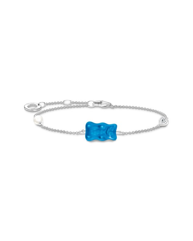 Silver bracelet with blue goldbears, freshwater pearl & zirconia