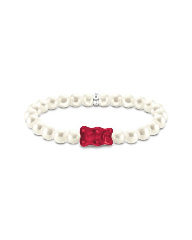 Silver pearl bracelet with red goldbears