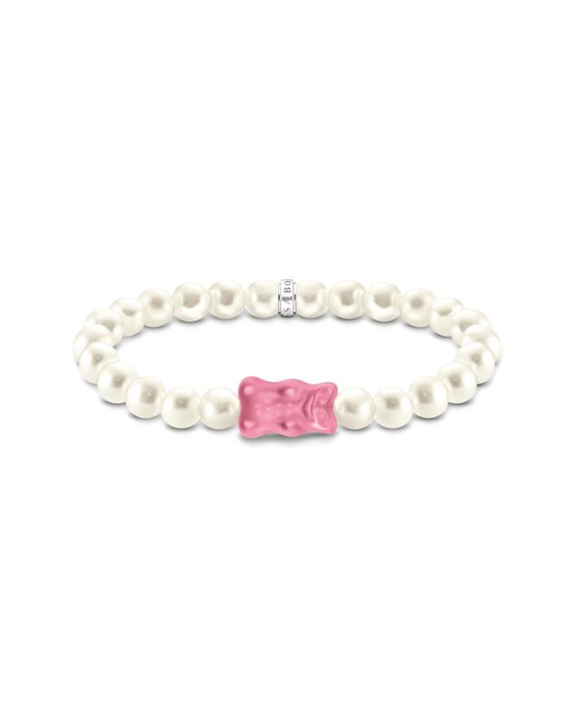 Silver pearl bracelet with pink Goldbears