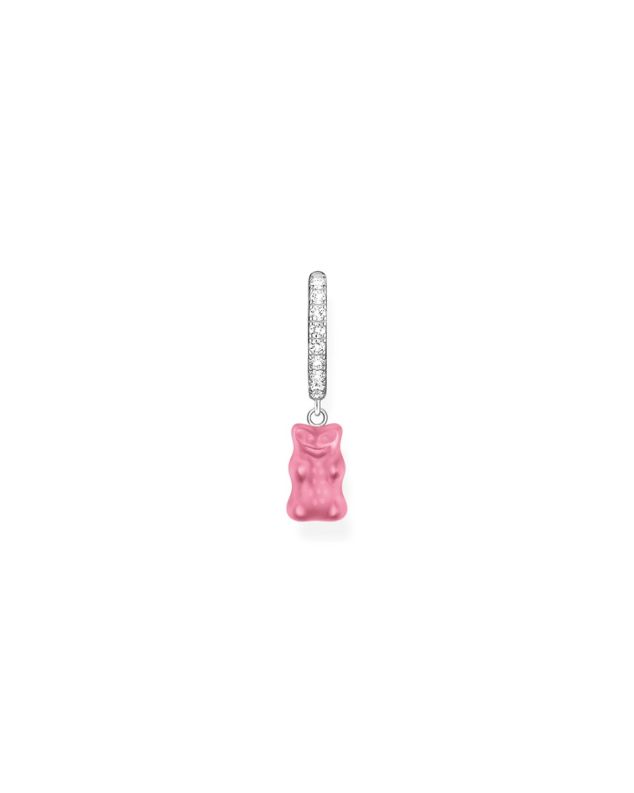 Silver single hoop earring with pink Goldbears pendant & zirconia