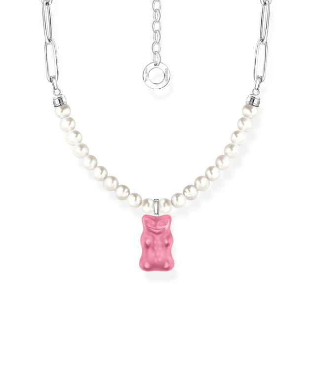 Silver link necklace with pink Goldbears & freshwater pearls