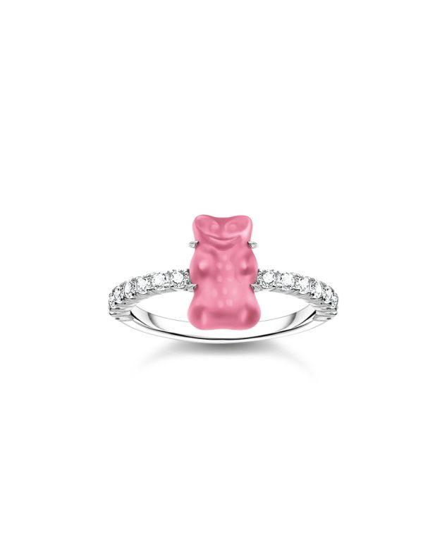 Silver ring with pink mini sized Goldbears and zirconia