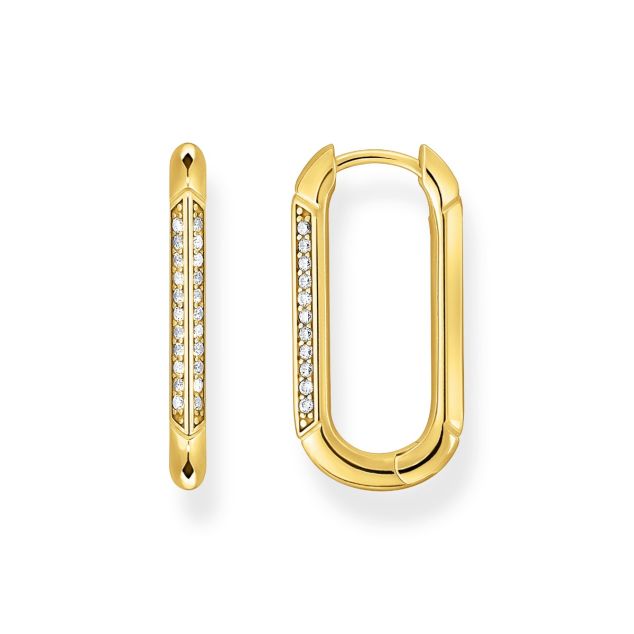 Yellow-gold plated, oval-shaped hoop earrings with white zirconia