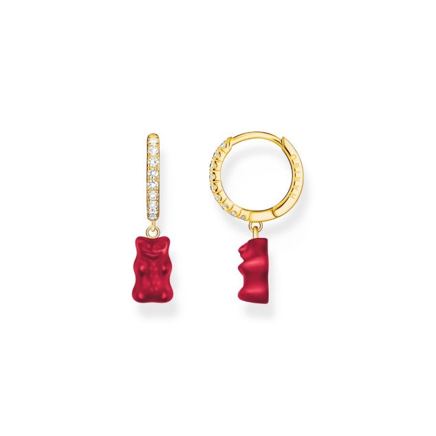 Gold-plated single hoop earring with red goldbears & zirconia