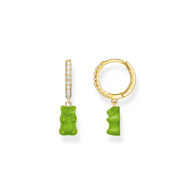 Gold-plated single hoop earring with green goldbears & zirconia