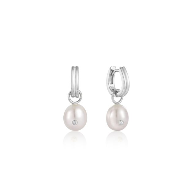 Silver Pearl Drop Sparkle Huggie Hoop Earrings 