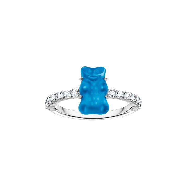 Silver ring with blue mini sized goldbears and zirconia