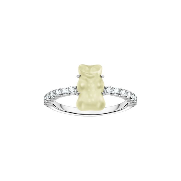 Silver ring with white mini sized goldbears and zirconia