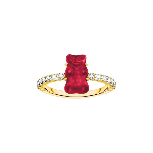 Gold-plated ring with red mini sized goldbears and zirconia