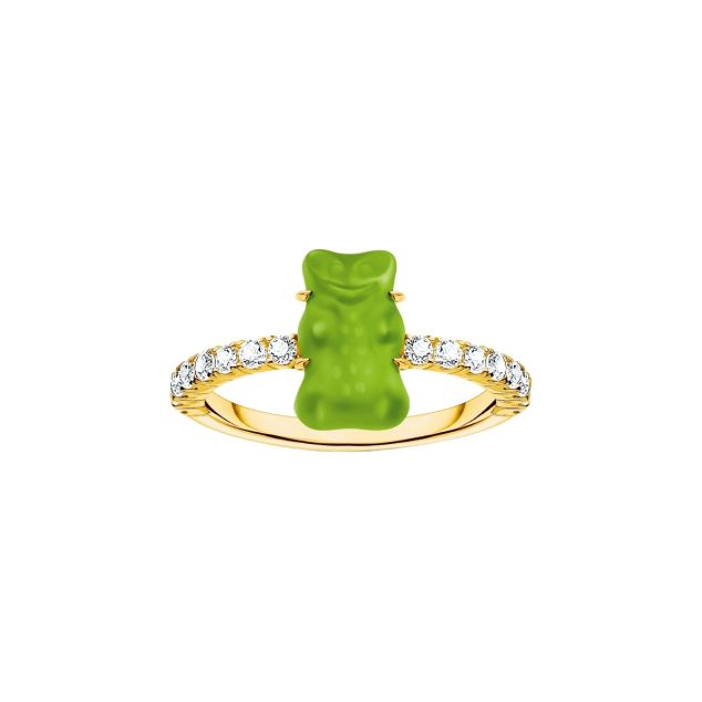 Gold-plated ring with green mini sized goldbears and zirconia